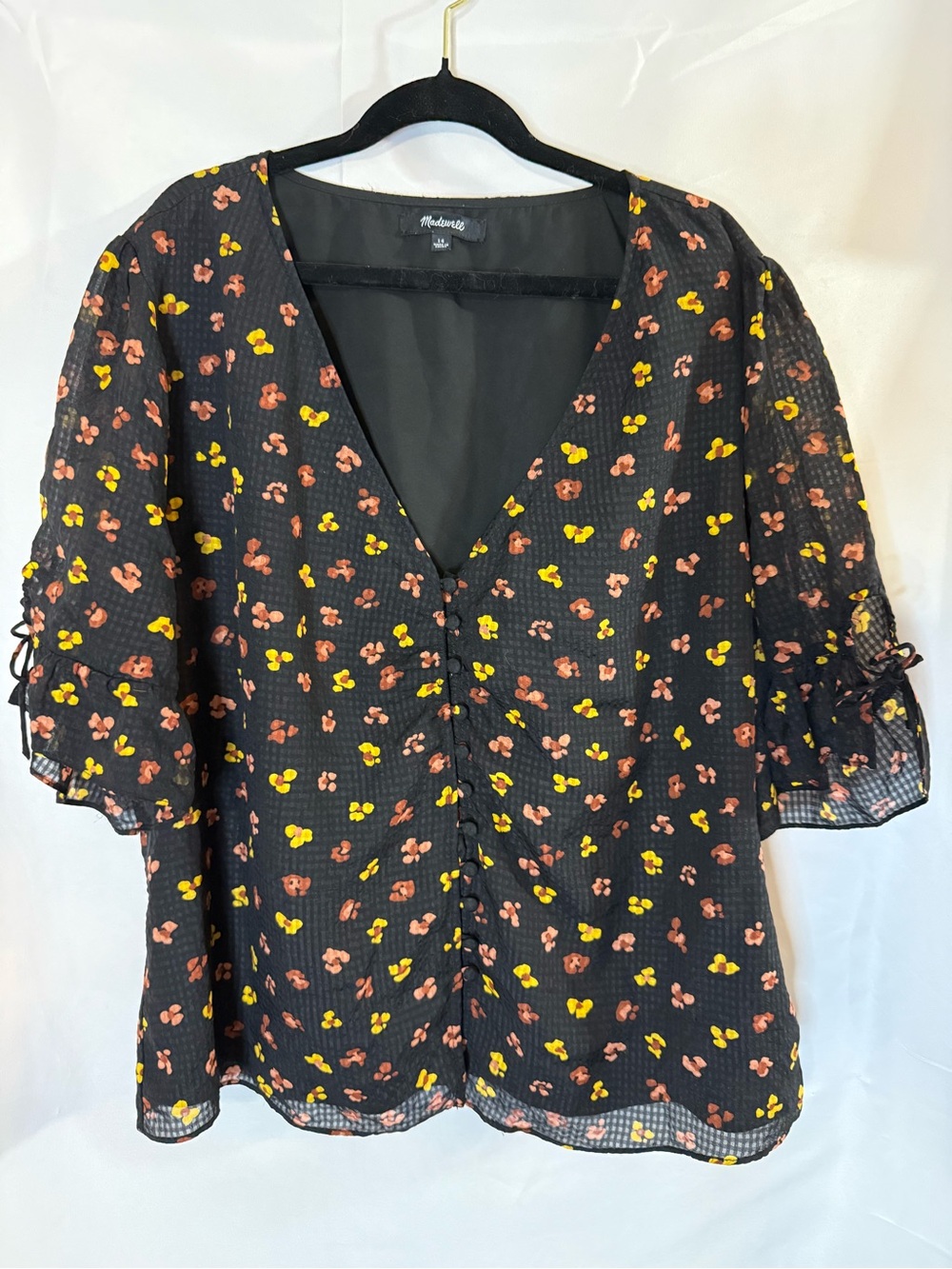 Madewell Black Sheer Button-Front Blouse with Pink and Yellow Floral Print
